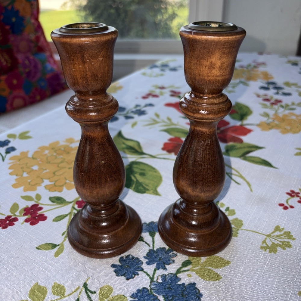 2 Wooden Candlesticks 7" Tall Cottagecore Grannycore Farmhouse